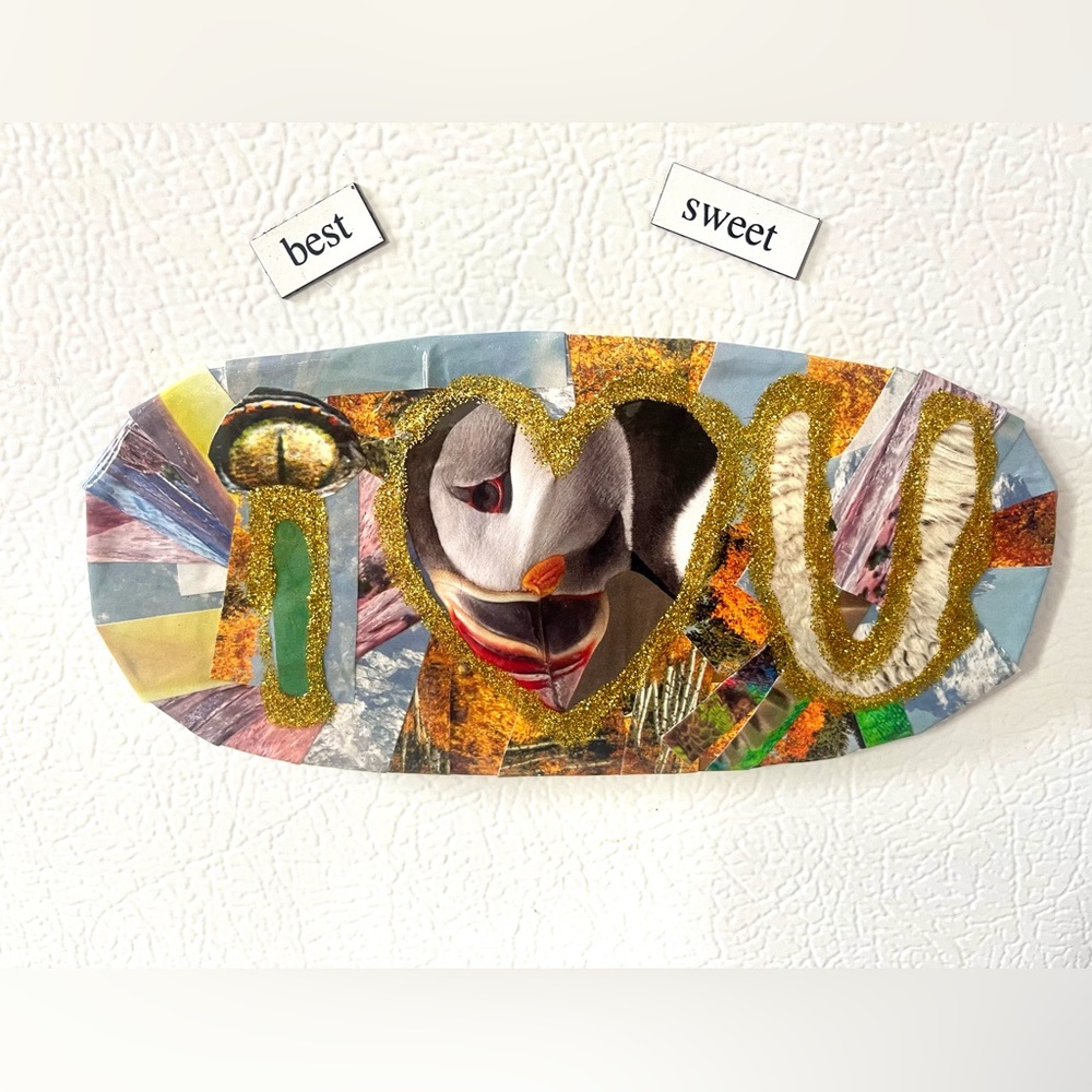 Up-cycled fridge magnet “I ❤️ you” handmade collage.